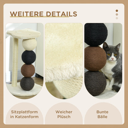 PawHut Kratzsäule für Katzen, Katzenkratzbaum Kratzbaum mit Plattform, Kratzstamm mit 2 Sisalpfosten und 4 Sisalbällen, Katzenkratzer Spielzeug, 38 x 38 x 64 cm