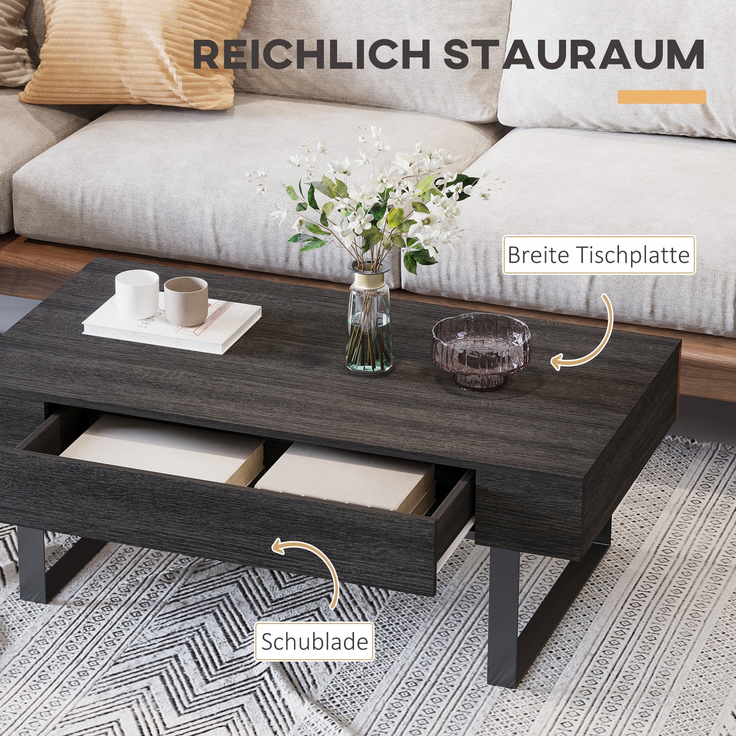 HOMCOM Couchtisch Wohnzimmertisch mit Schublade Modern Sofatisch mit Metallrahmen Beistelltisch Kaffeetisch für Wohnzimmer 110 x 60 x 40 cm, Dunkelgrau