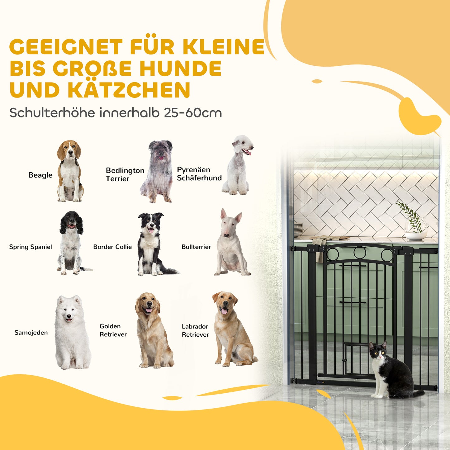 PawHut Haustiertor, 96 cm Treppengatter, verstellbar Breite 76-104 cm, mit Katzentür, für Treppen och Türöffnungen, Schwarz