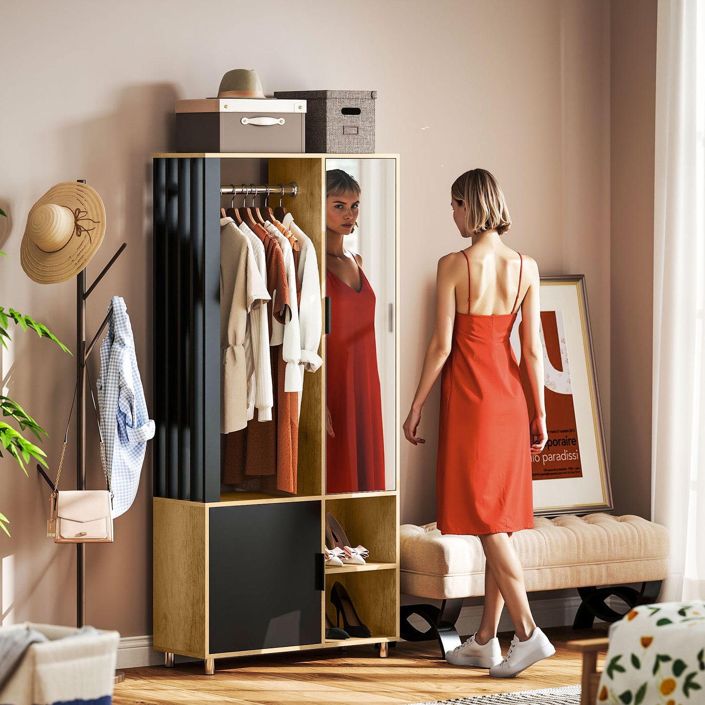 HOMCOM Kleiderschrank mit Spiegel und Hängestange, Aufbewahrungsfächer, offene Ablageflächen, Naturholz, Schwarz