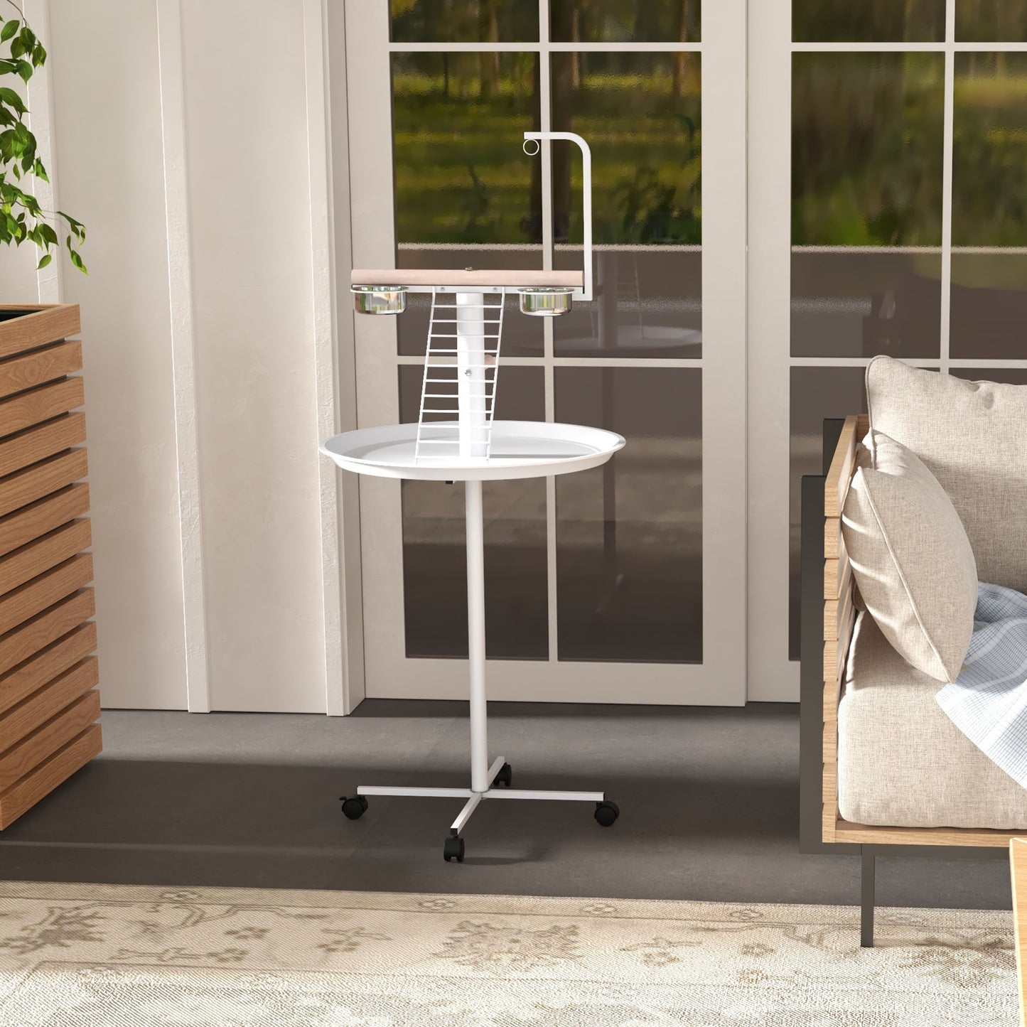 PawHut Anflugstange Freisitz für Papageien Sitzstange, 1 Leiter, 1 Schaukel, Futternäpfe, 60 x 60 x 138 cm, Weiß + Natur