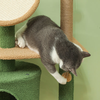 PawHut Kratzbaum, 139 cm Katzenbaum mit Höhle, Spielbällen, Sisal-Kratzpfosten och Plattformen, für zwei Katzen, Grün