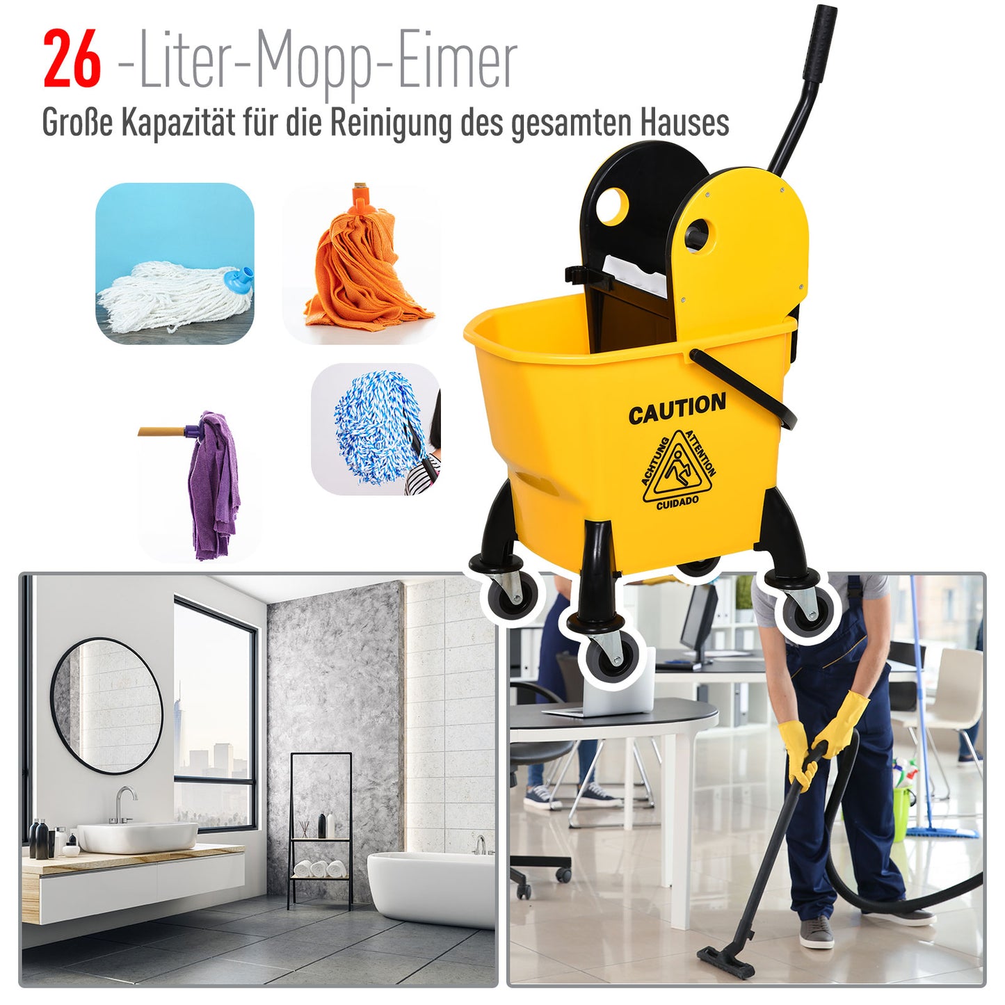 HOMCOM Reinigungswagen Fahreimer Putzeimer Wischwagen mit Auswringvorrichtung 26 Liter, Gelb, 44 x 36 x 90 cm