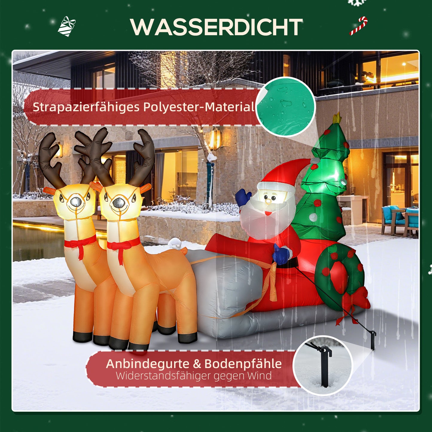 Outsunny Aufblasbare Weihnachtsdekoration, Weihnachtsmann in Rentierschlitten, Polyesterstoff, LED-Lichter, Bunt