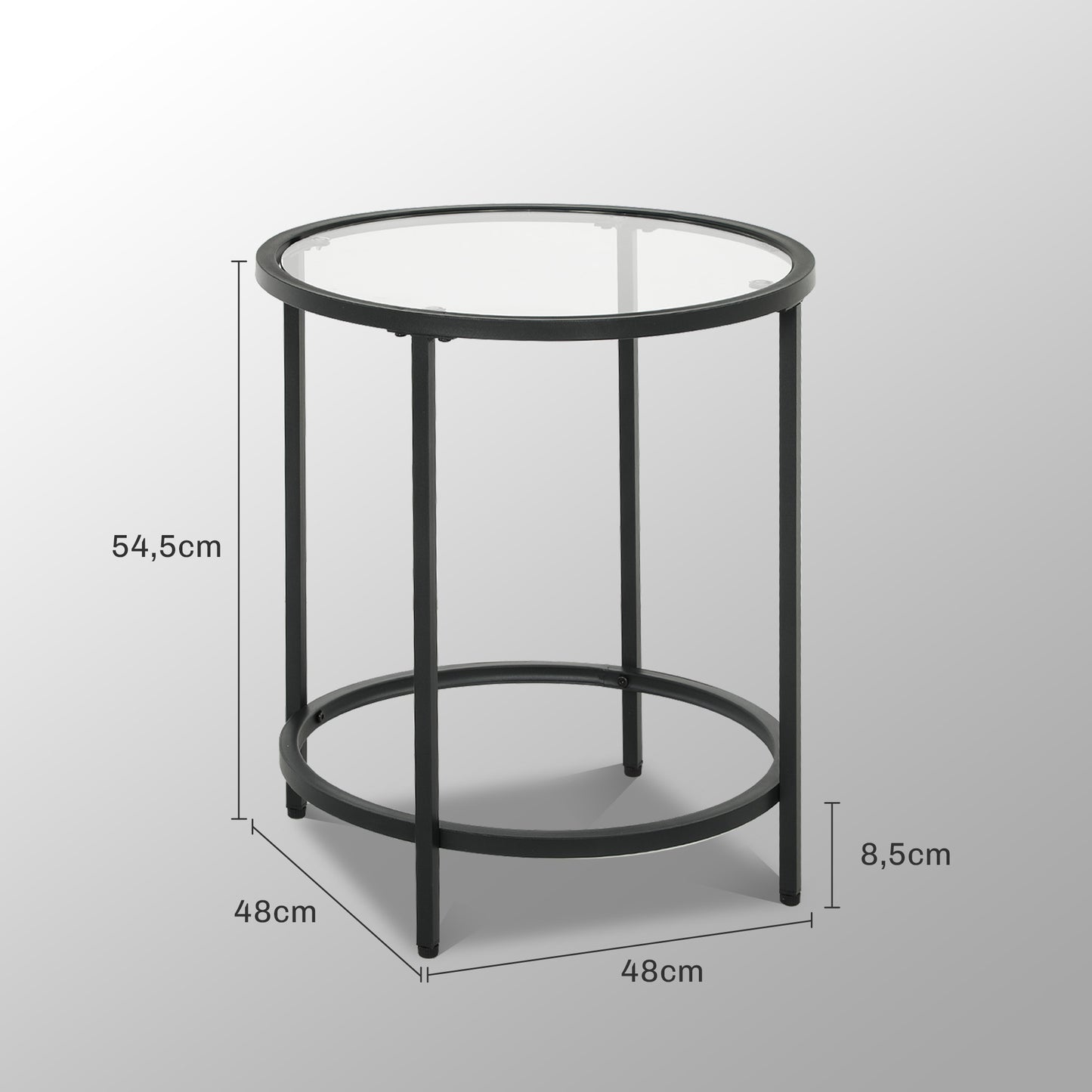HOMCOM Runder Beistelltisch mit Glasplatte und Metallrahmen, kleiner Kaffeetisch für Wohnzimmer, Schlafzimmer, Schwarz