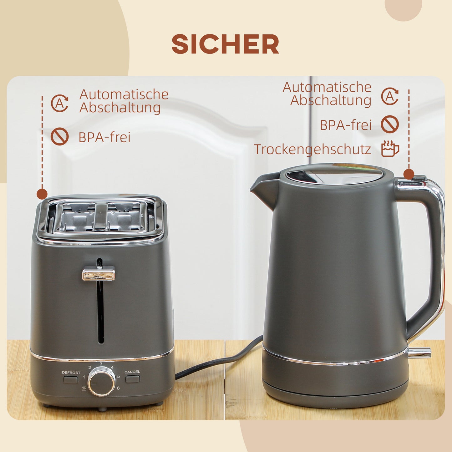 HOMCOM Set aus 1,7 L Wasserkocher und Toaster mit 6 Bräunungsstufen, Grau