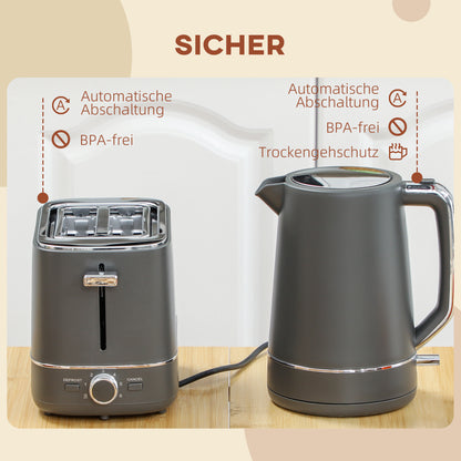 HOMCOM Set aus 1,7 L Wasserkocher und Toaster mit 6 Bräunungsstufen, Grau