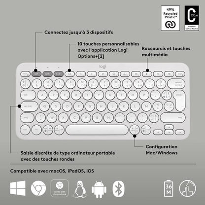 LOGITECH - Wireless keyboard - Pebble Keys 2 K380s - Bluetooth - Easy-Switch button - White - (920-011804)