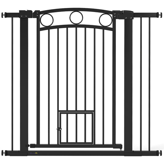 PawHut Haustiertor, 96 cm Treppengatter, verstellbar Breite 76-104 cm, mit Katzentür, für Treppen och Türöffnungen, Schwarz