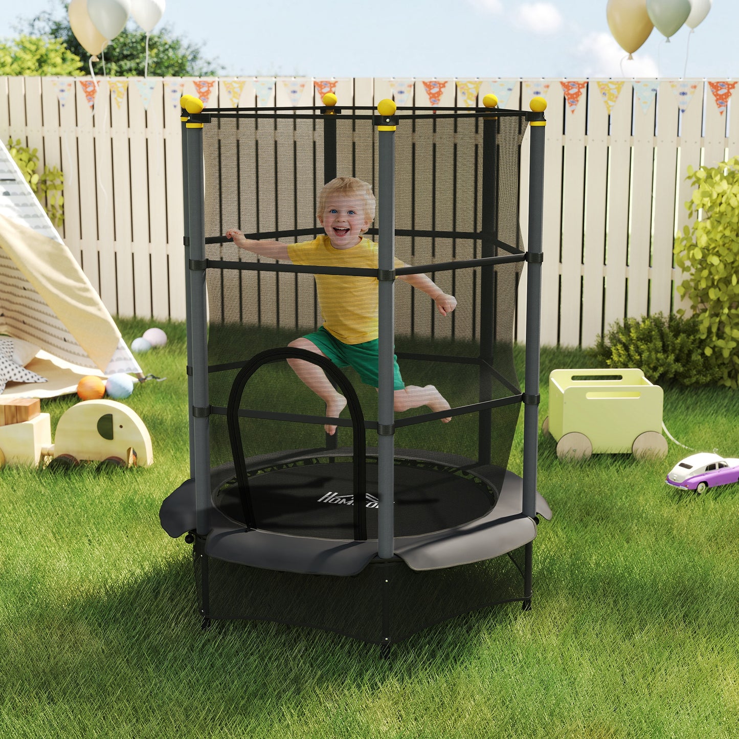 HOMCOM Trampolin für Kinder, Ø140 cm, mit Sicherheitsnetz, für innen und außen, Stahl, Kunststoff, belastbar bis 50 kg, Schwarz