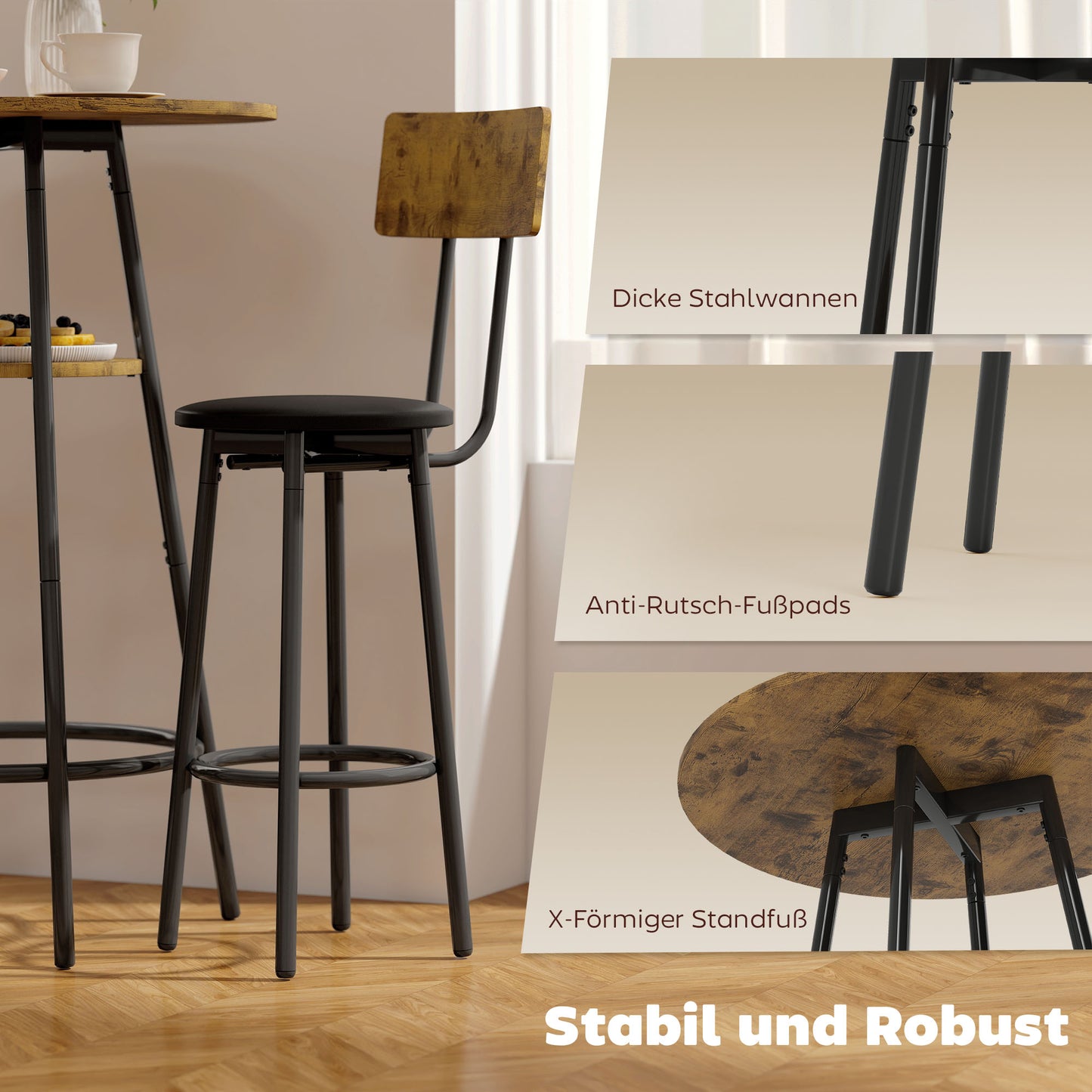 HOMCOM 3-teiliges Bartisch-Set mit 2 gepolsterten Hockern, Kunstleder-Bezug, Rückenlehne, Metallgestell, Braun