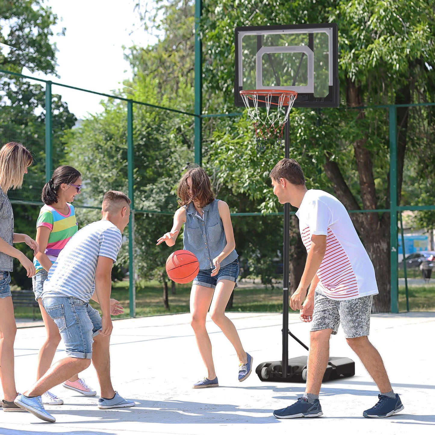 HOMCOM Basketballständer mit Rollen 83x55cm Rückwand, Mobiler Basketballkorb mit Ständer, verstellbare Korbhöhe 156 bis 210 cm, Basketballanlage für Kinder Jugendliche, fürs Außenbereich
