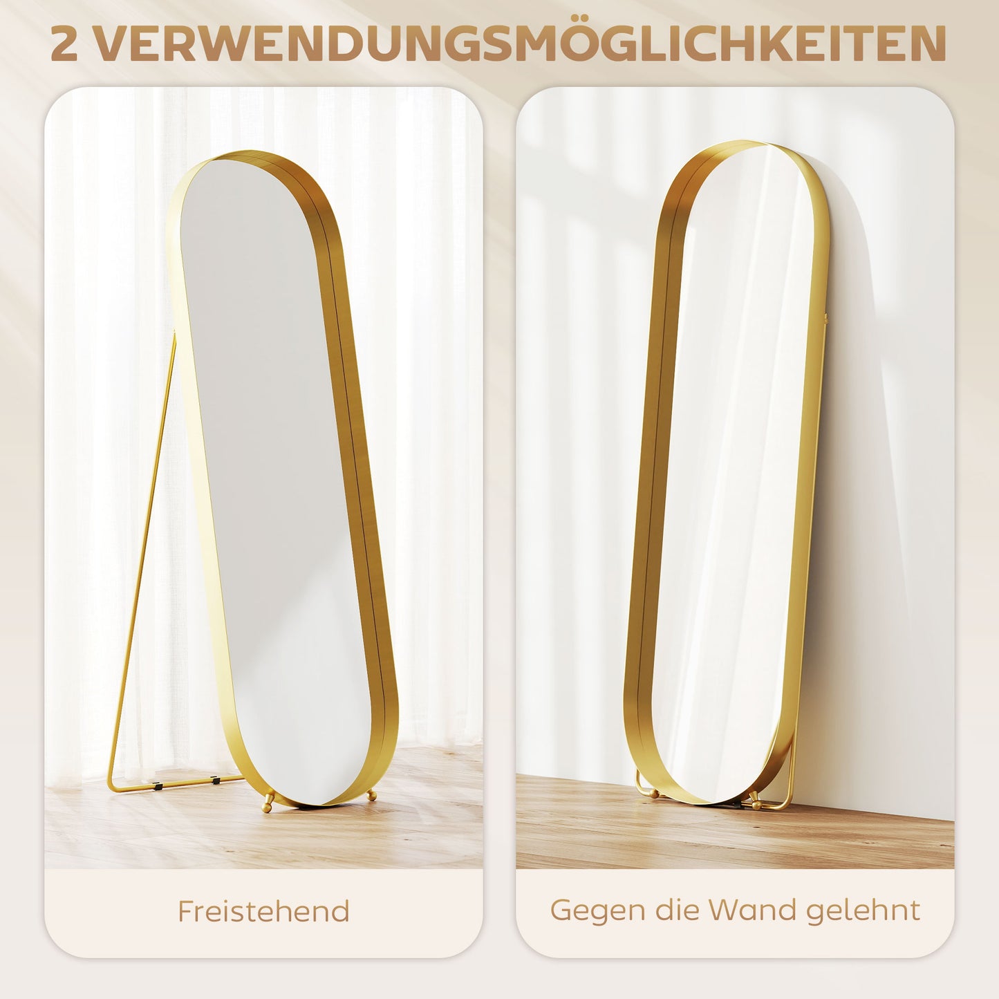 HOMCOM Ganzkörperspiegel mit Metallrahmen, 160 x 50 cm, goldfarbener Rahmen, für Wohnzimmer, Schlafzimmer