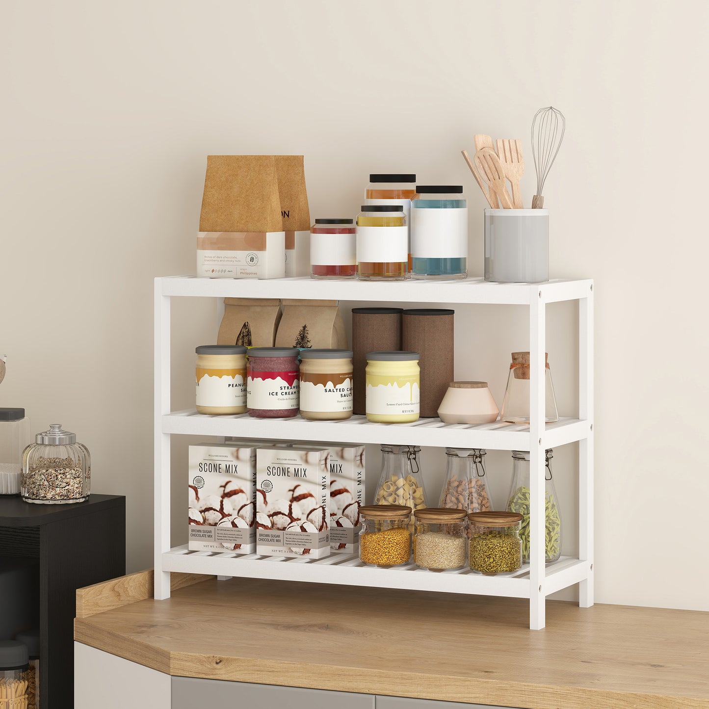 HOMCOM 3-stufiges Bambusregal, Schuhregal, Aufbewahrungsregal, lackierte Oberfläche, Weiß