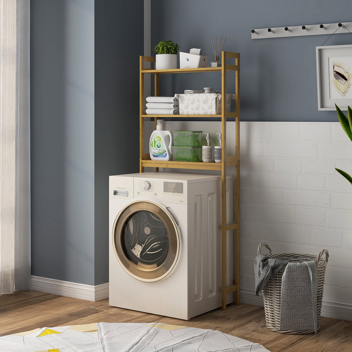 kleankin Badezimmerregal Badregal Toilettenregal, 3 Regale, wasserbeständig, 68 cm x 20 cm x 165 cm, Natur