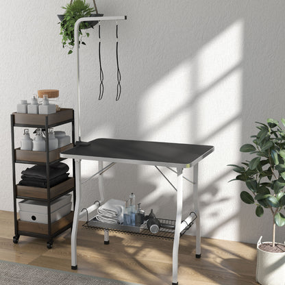 PawHut Hundepflegetisch, Frisiertisch mit einstellbar Arm, Aufbewahrungsfach, Gummioberfläche, 90 x 60 x 76 cm, Schwarz