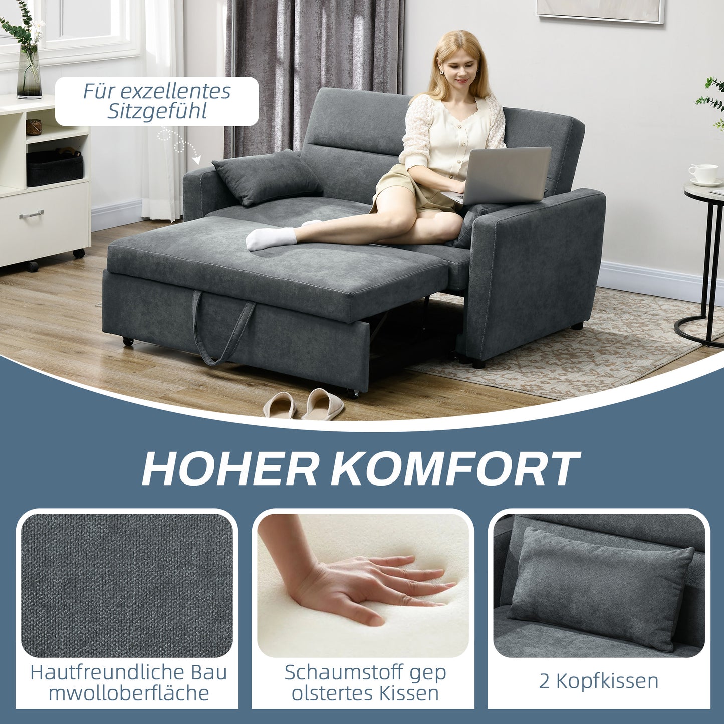 HOMCOM Schlafsofa, 2-Sitzer, ausklappbar, bis 200 kg, Holzrahmen, 155x90x88,5cm, Dunkelgrau