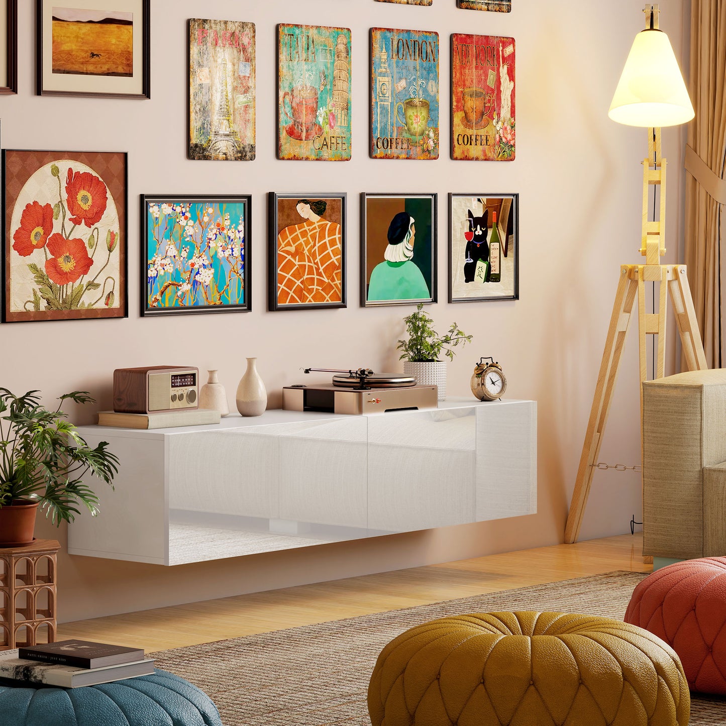 HOMCOM Wandmontierter TV-Schrank, schwebende TV-Kommode mit viel Ablagefläche und Stauraum, Spanplatte, Weiß