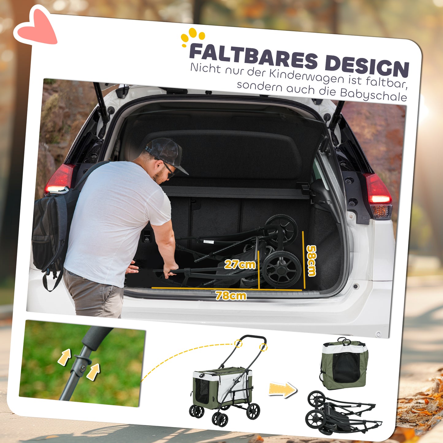 PawHut Hundbuggy Haustierbuggy Hundewagen, klappbar, abnehmbarer Korb, 81 x 58 x 97,5 cm, Schwarz+Dunkelgrün+Weiß