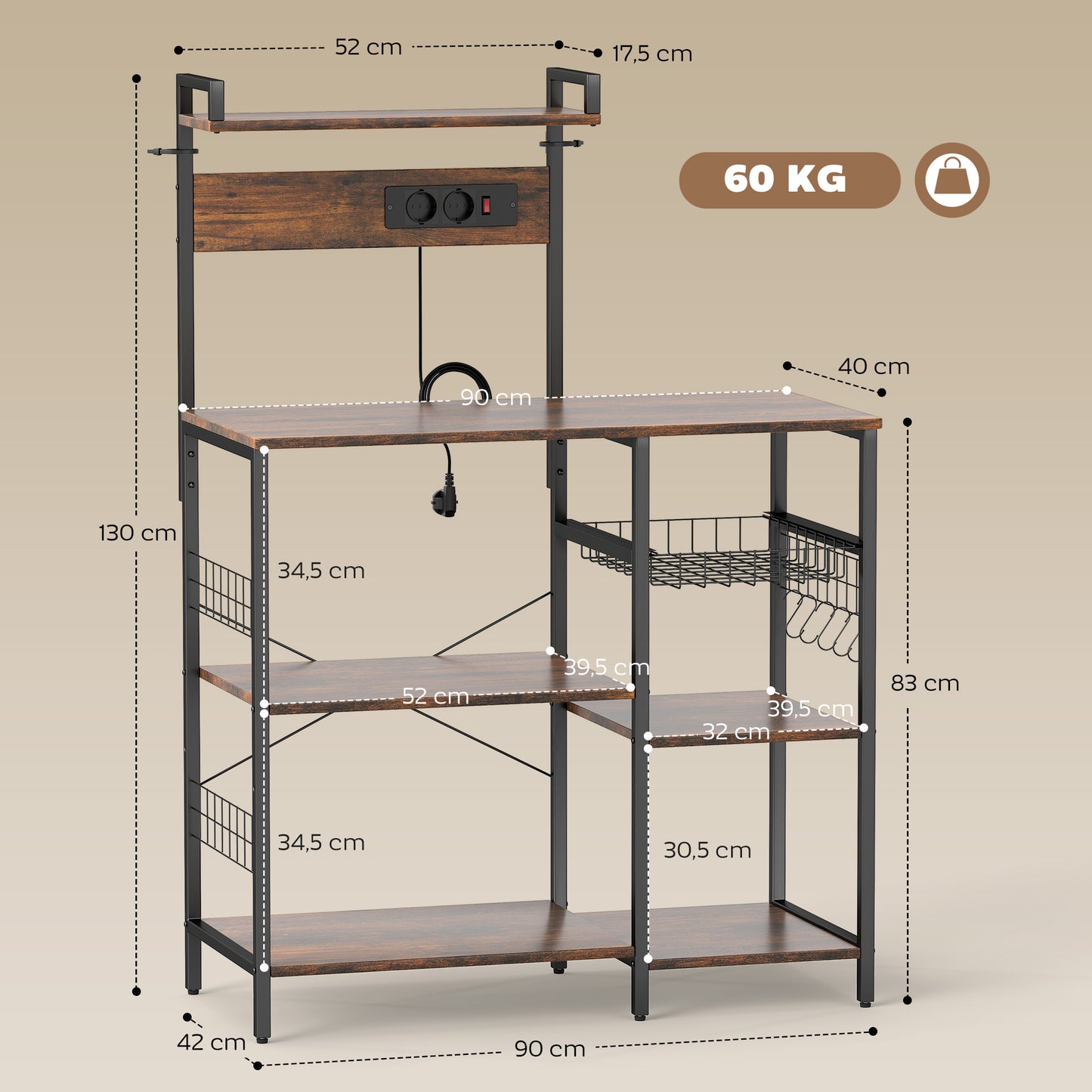HOMCOM Küchenregal, Standregal mit 2 Steckdosen, 5 S-Haken, 5 Ablagen, Korb, X-Streben Stahl 90 x 42 x 130 cm