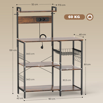 HOMCOM Küchenregal, Standregal mit 2 Steckdosen, 5 S-Haken, 5 Ablagen, Korb, X-Streben Stahl 90 x 42 x 130 cm