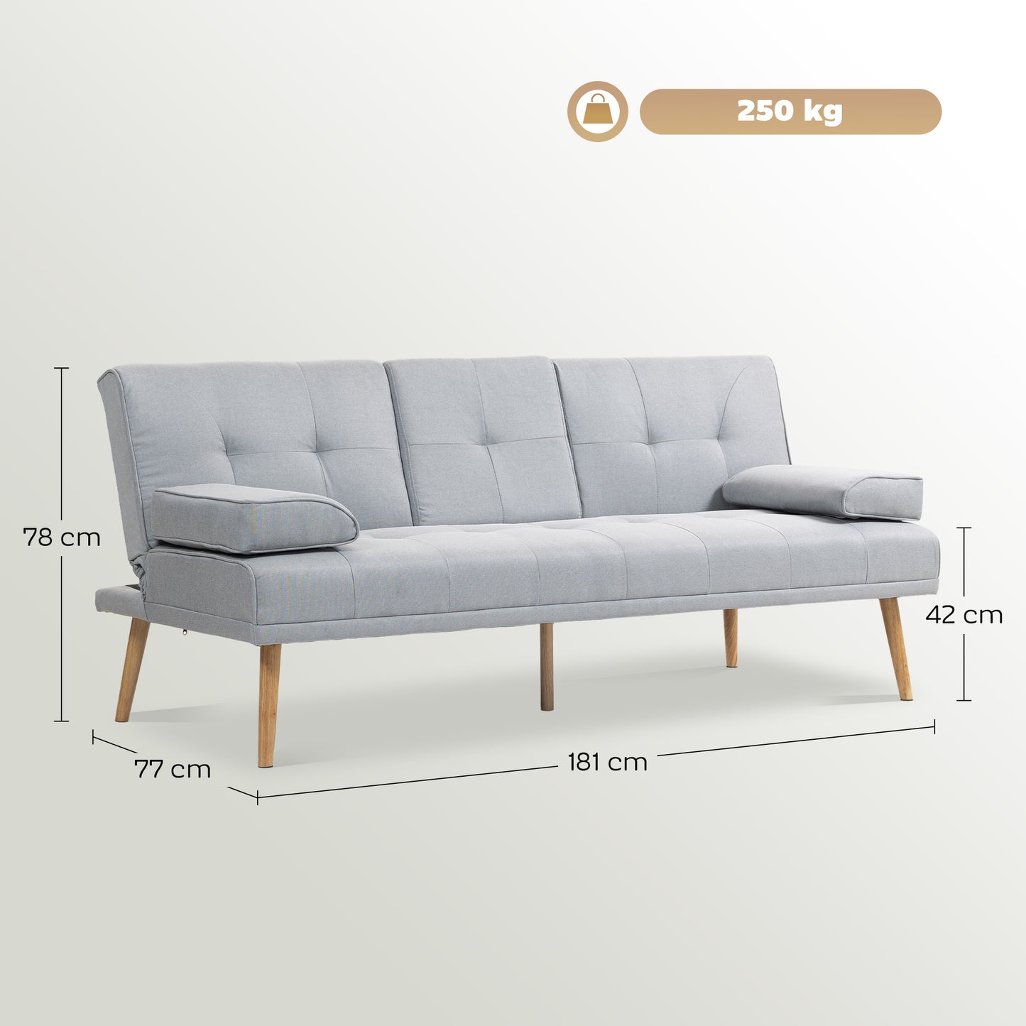 HOMCOM Schlafsofa, 3-Sitzer-Sofa, Bettsofa mit Klappbarem Tisch, Stoffsofa mit Leinenoptik, Schlafcouch mit Becherhalter, im Skandi-Design, bis 250 kg Belastbar, Hellgrau