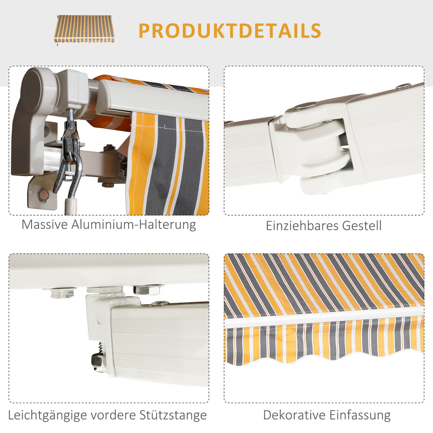 Outsunny Markise Gelenkarmmarkise Sonnenschutz Handkurbel Balkon Alu Gelb Grau 2,95 x 2,45 m