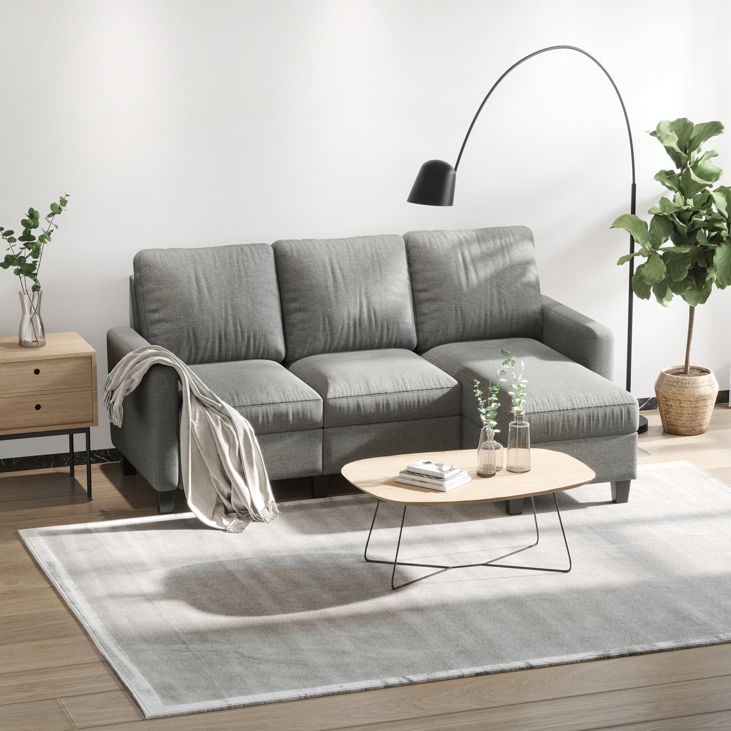 HOMCOM Ecksofa mit Schlaffunktion, 3-Sitzer-Sofa mit Bettkasten und Kissen, Eckcouch, L-Form Couch, Stoffbezug, Grau