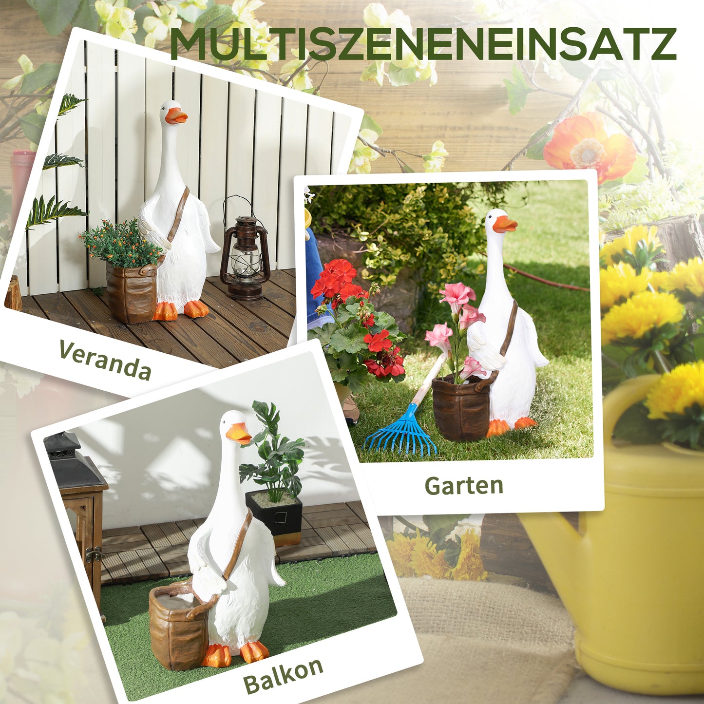 Outsunny Blumentopf, Schwan mit Umhängetasche, wetterfest, 32 x 18 x 60 cm, Weiß, Braun