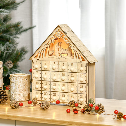 HOMCOM Adventskalender mit LED-Beleuchtung, 24 Schubladen, Krippenszene, 26,6x6x30 cm, Holzoptik