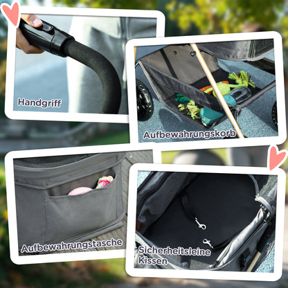PawHut 3-in-1-Haustierkinderwagen, zusammenklappbarer Hundewagen mit 4 Rädern och abnehmbarer Trage für Hunde und Katzen, Grau