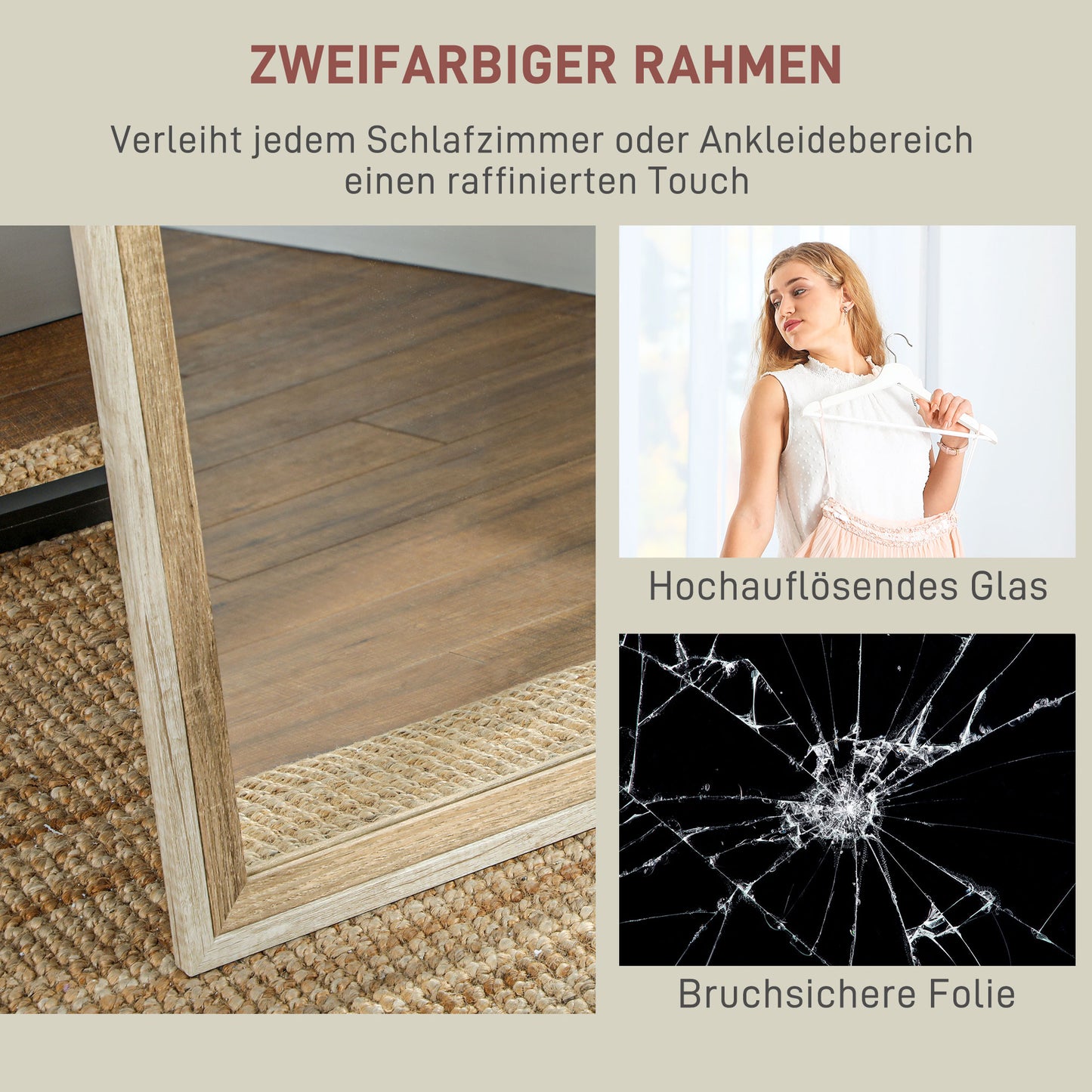 HOMCOM Ganzkörperspiegel, MDF-Rahmen, splitterfreie Folie, 162,6 x 53,3 cm, Naturholz