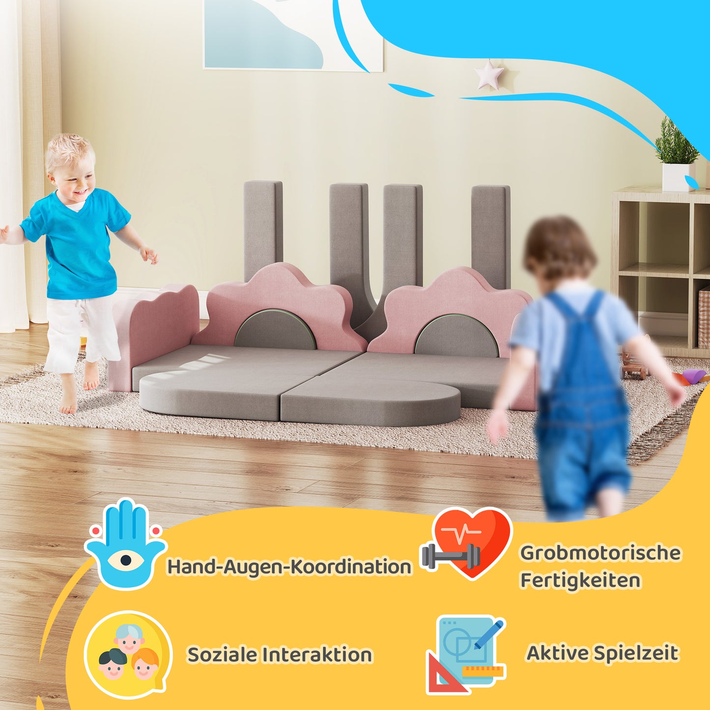 AIYAPLAY 12-teiliges Set Schaumstoffblöcke zum Klettern, Bauen, Krabbeln, Indoor-Spielmatten mit Cordbezug, Grau+Rosa