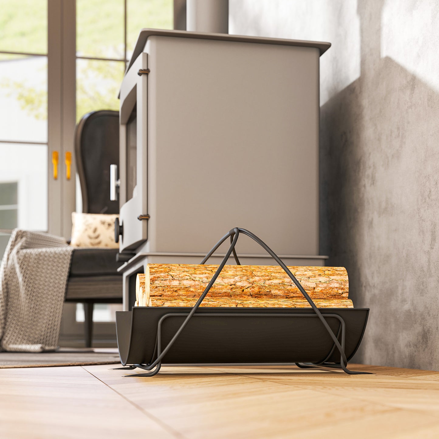 Outsunny Kaminholzregal för inomhus 51 x 38 x 33 cm geometrisk Brennholzregal med Griff från Metall, Schwarz