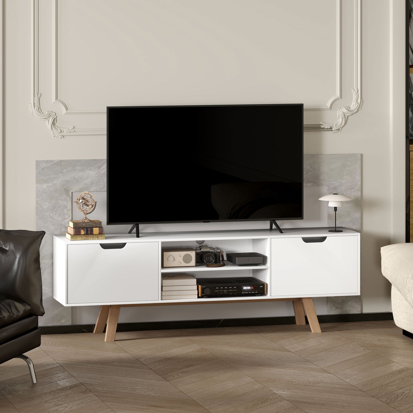HOMCOM TV-Kommode mit Schubladen und offenen Regalen, MDF, 150 x 39 x 50 cm, Weiß