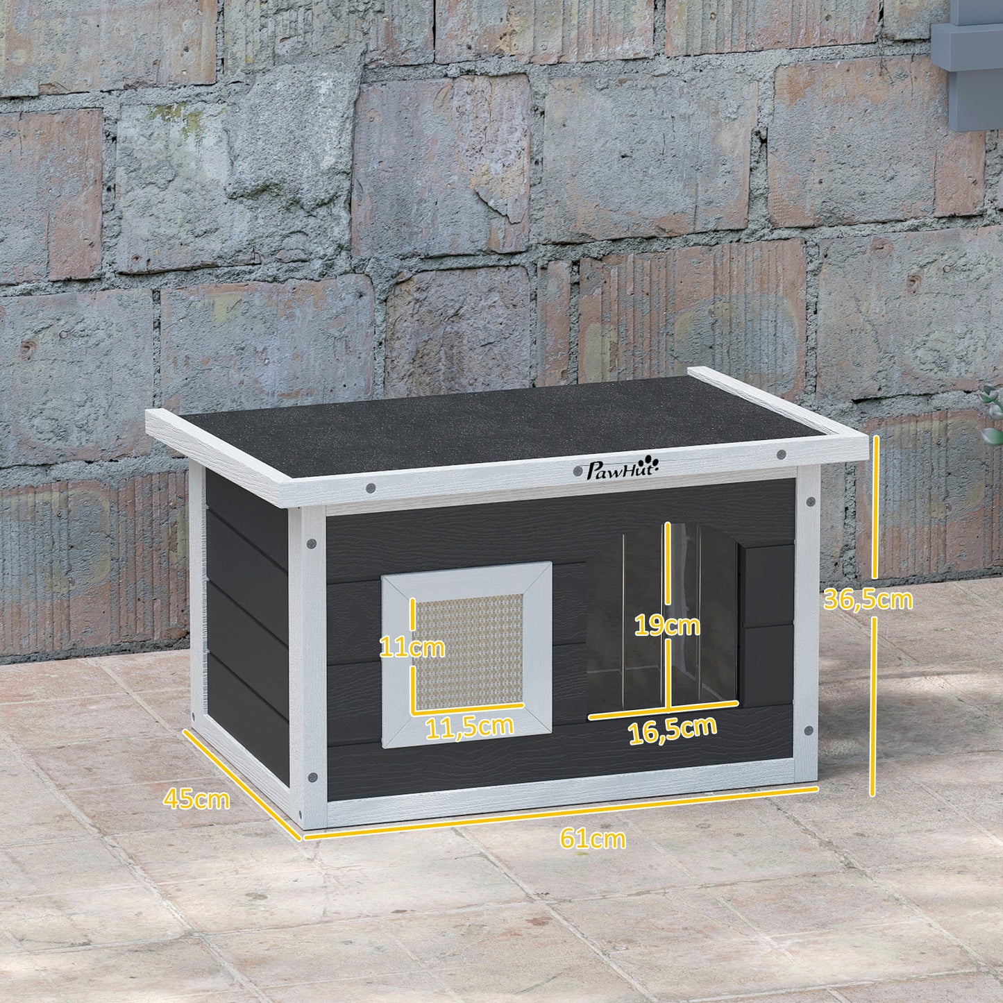 PawHut Katzenhaus, Rückzugsort für Katzen und Kaninchen, Holzhaus mit Kratzmatte, Türklappe, 61 x 45 x 36,5 cm, Grau