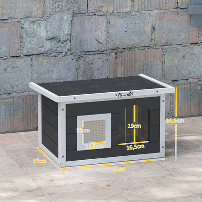 PawHut Katzenhaus, Rückzugsort für Katzen und Kaninchen, Holzhaus mit Kratzmatte, Türklappe, 61 x 45 x 36,5 cm, Grau