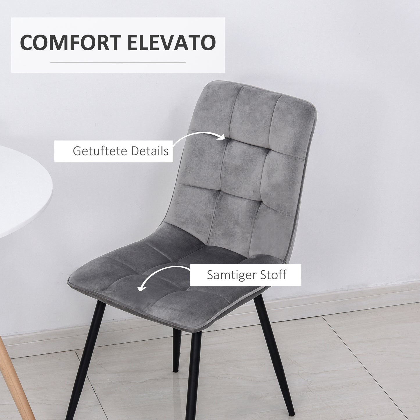 HOMCOM 2er-Set Esszimmerstuhl Polsterstuhl Küchenstuhl mit Samt-Optik Esstisch Samt Metall Grau+Schwarz 45 x 63 x 90 cm