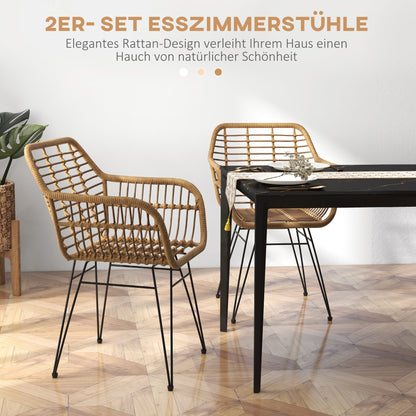 HOMCOM 2-er-Set Stühle im Boho-Stil, Küchenstühle, PE-Rattan, 56 x 60 x 79 cm, Natur + Schwarz