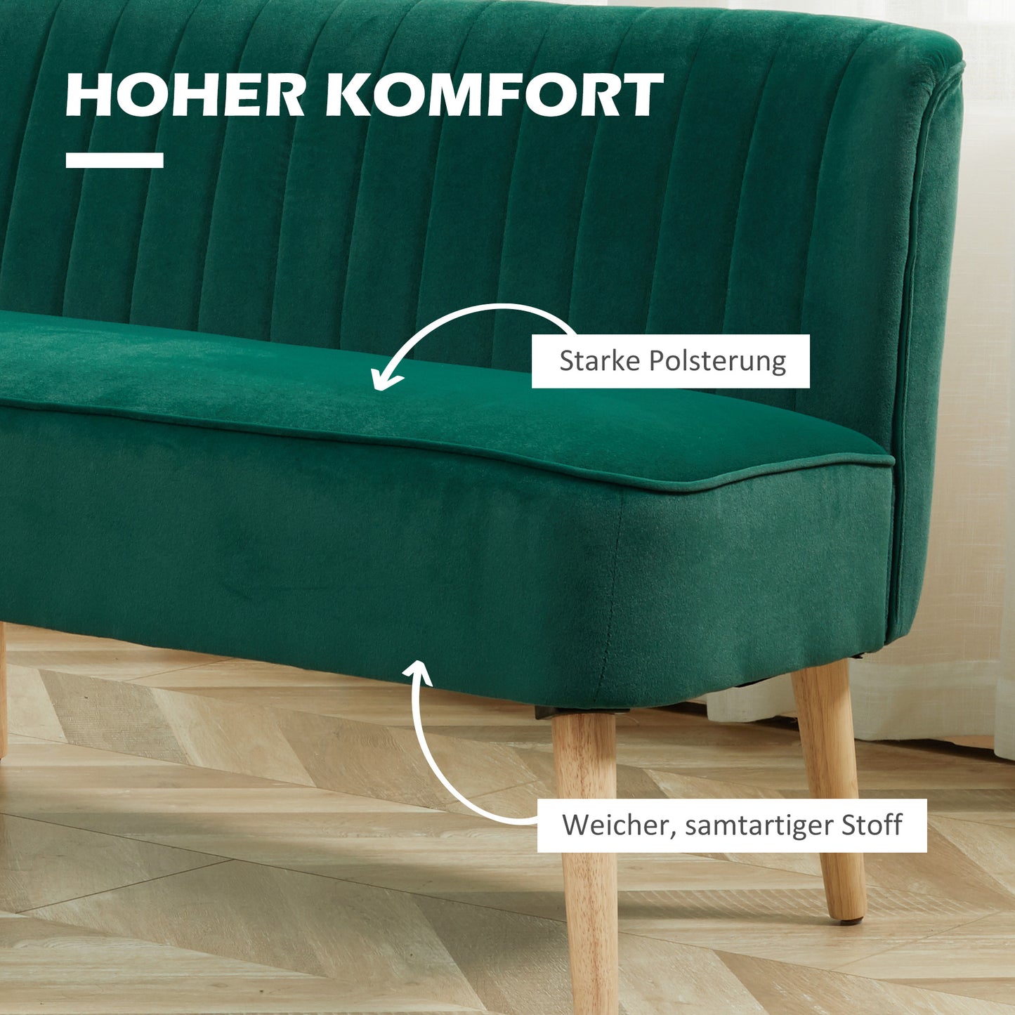 HOMCOM Sofa 2 Sitzer Couch, Kleine Loveseat mit Samt-Optik Modern Polstersofa für Wohnzimmer, Schlafzimmer, kleinen Raum, Dunkelgrün 117 x 56,5 x 77 cm
