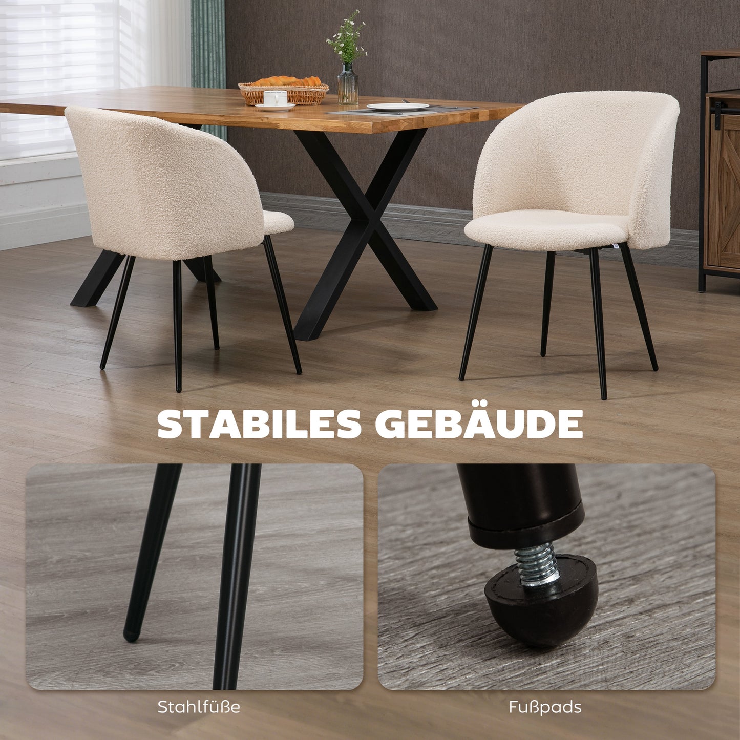 HOMCOM 2er-Set Esszimmerstühle, Polsterstühle mit Stoffbezug, Küchenstühle mit Stahlbeinen, gewölbte Rückenlehne, Cremeweiß