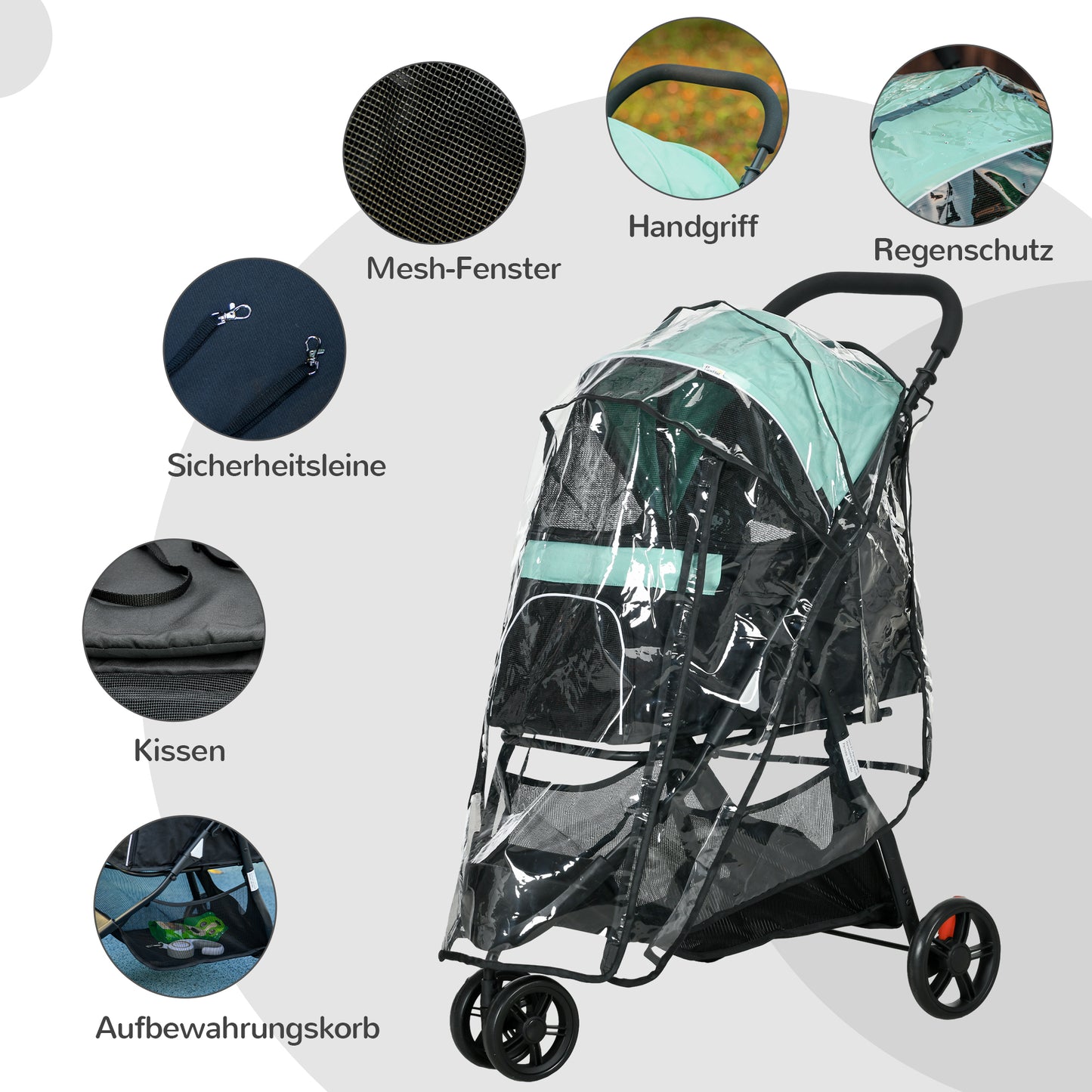 PawHut Haustierbuggy Hundebuggy, klappbar, mit Regenschutz, 2 Getränkehalter, Blau + Grün