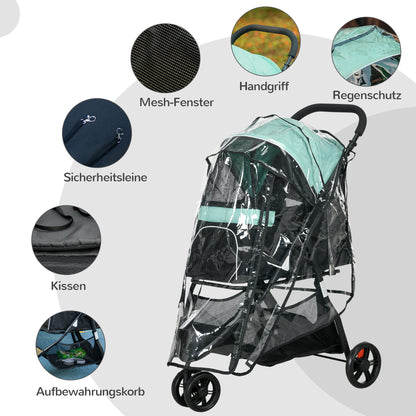 PawHut Haustierbuggy Hundebuggy, klappbar, mit Regenschutz, 2 Getränkehalter, Blau + Grün