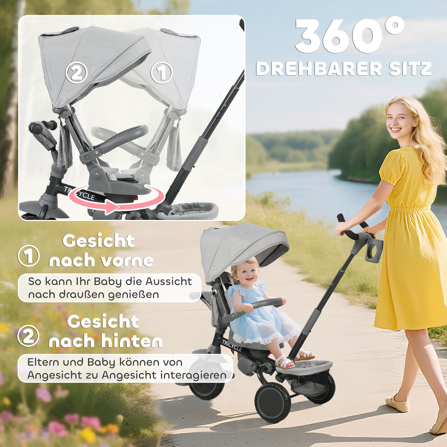 AIYAPLAY Kinderdreirad, 6-in-1 Buggy für Kleinkinder, mit Schiebegriff, verstellbarer Sitz, faltbares Design, Sicherheitsnetz, Grau