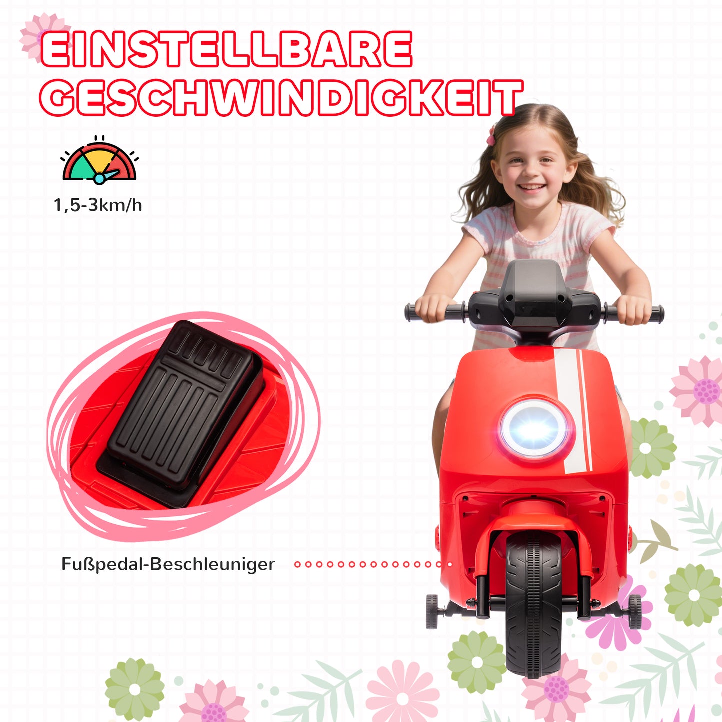 AIYAPLAY 6V Elektro-Motorrad für Kinder, mit Scheinwerfer und Musik, Vor- und Rückwärtsgang, Trainingsräder, 18-36 Monate, Rot