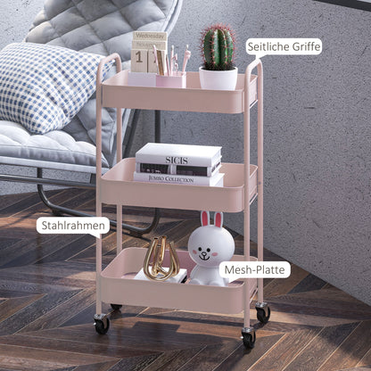 HOMCOM Mehrzweckwagen Rollwagen Küchenwagen, 3 Regale, 4 Rollen, 45 cm x 30,6 cm x 79 cm, Rosa