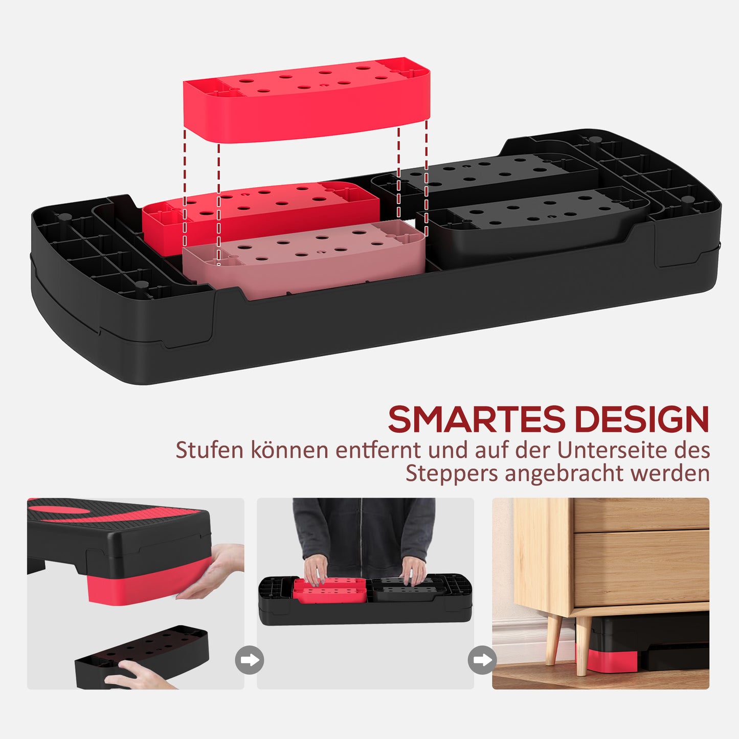 HOMCOM Aerobic-Stepper, höhenverstellbar, für Indoor und Outdoor, Belastbarkeit bis 150 kg, 80 x 31 x 10-20 cm, Rot