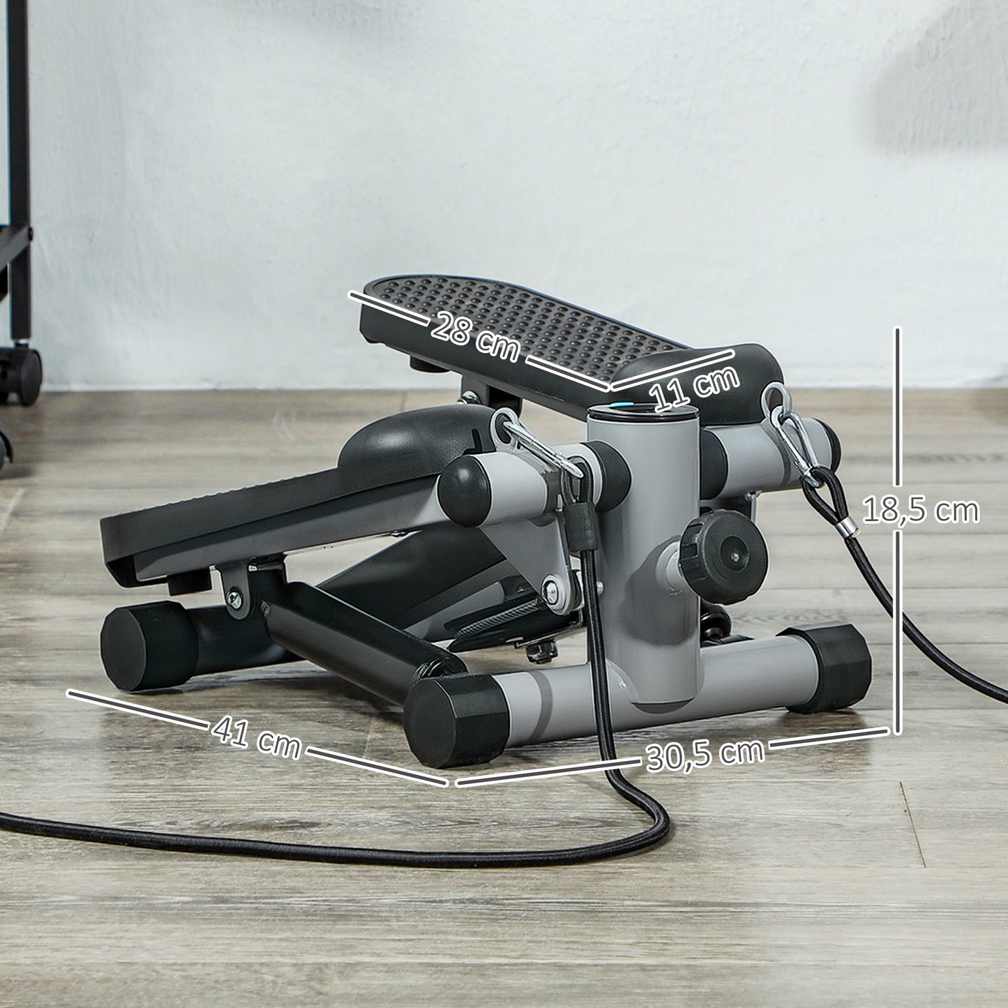 SPORTNOW 2 in 1 Mini-Stepper für Zuhause mit Power Ropes, LCD-Display Up-Down Swing Stepper 41 x 30,5 x 18,5 cm Grau