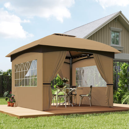 Outsunny 3,4 x 3,4 m Gartenpavillon, Bierzelt mit Lüftungsdach, Bogenfenstern, Stahlgestell, Beige