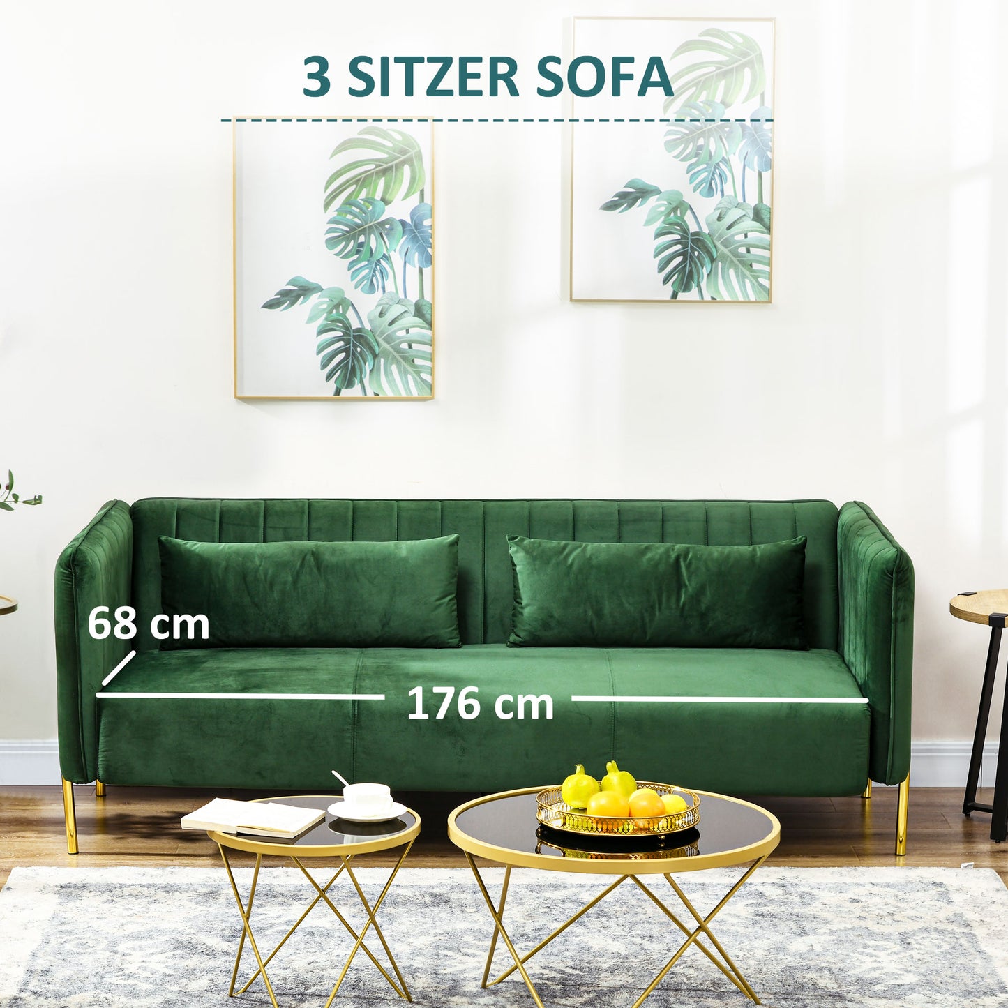 HOMCOM Sofa 3-Sitzer-Sofa Couch, inkl. 2 Kissen, Samtoptik, Retro-Design, abnehmbarer Bezug, 195 cm x 88 cm x 76 cm Grün